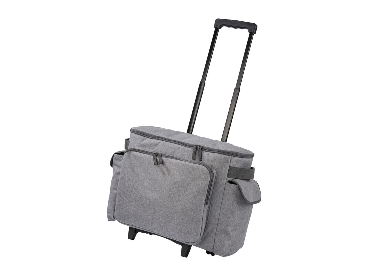 A gray rolling tote bag with an extended handle and multiple zippered compartments.