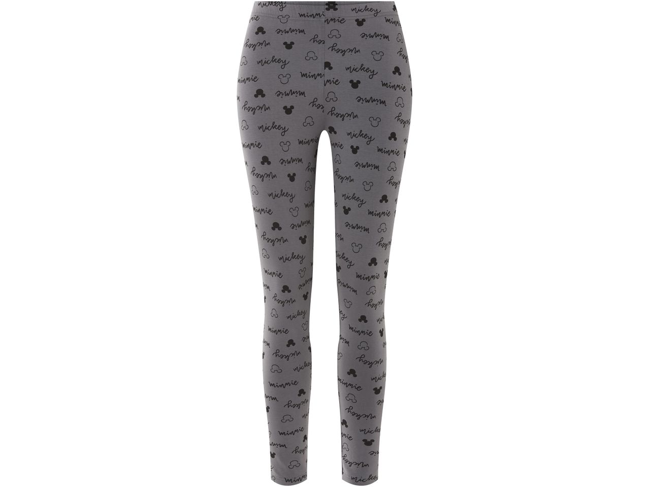 Leggings grigi con stampa all-over di scritte 'Mickey' e 'Minnie' e sagome delle loro teste.