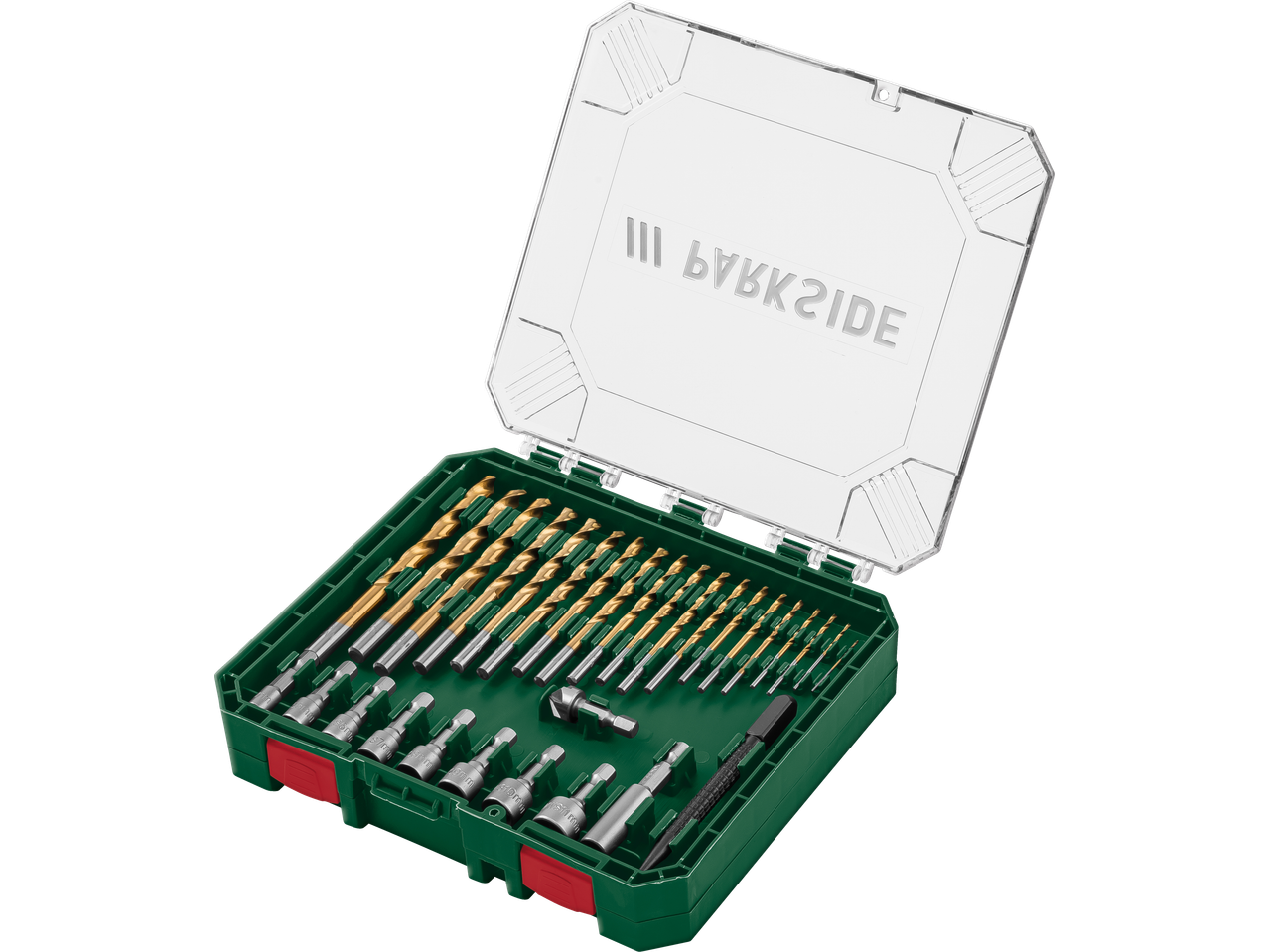 Σετ τρυπανιών και μύτες PARKSIDE σε πράσινη θήκη, με χρυσά τρυπάνια και ασημένιες μύτες.