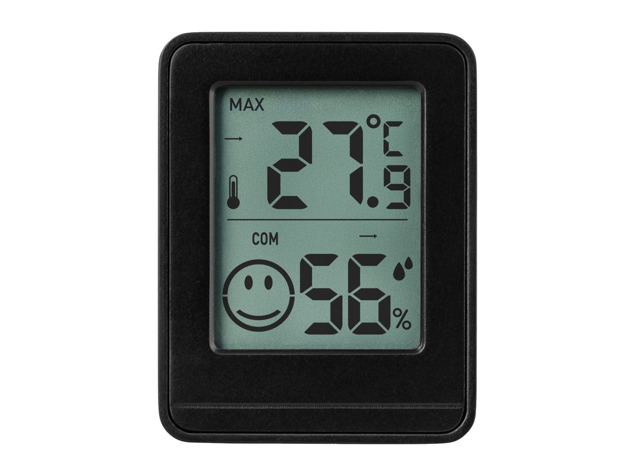 Digital thermometer and hygrometer displaying 27.9°C and 56% humidity with a happy face icon.