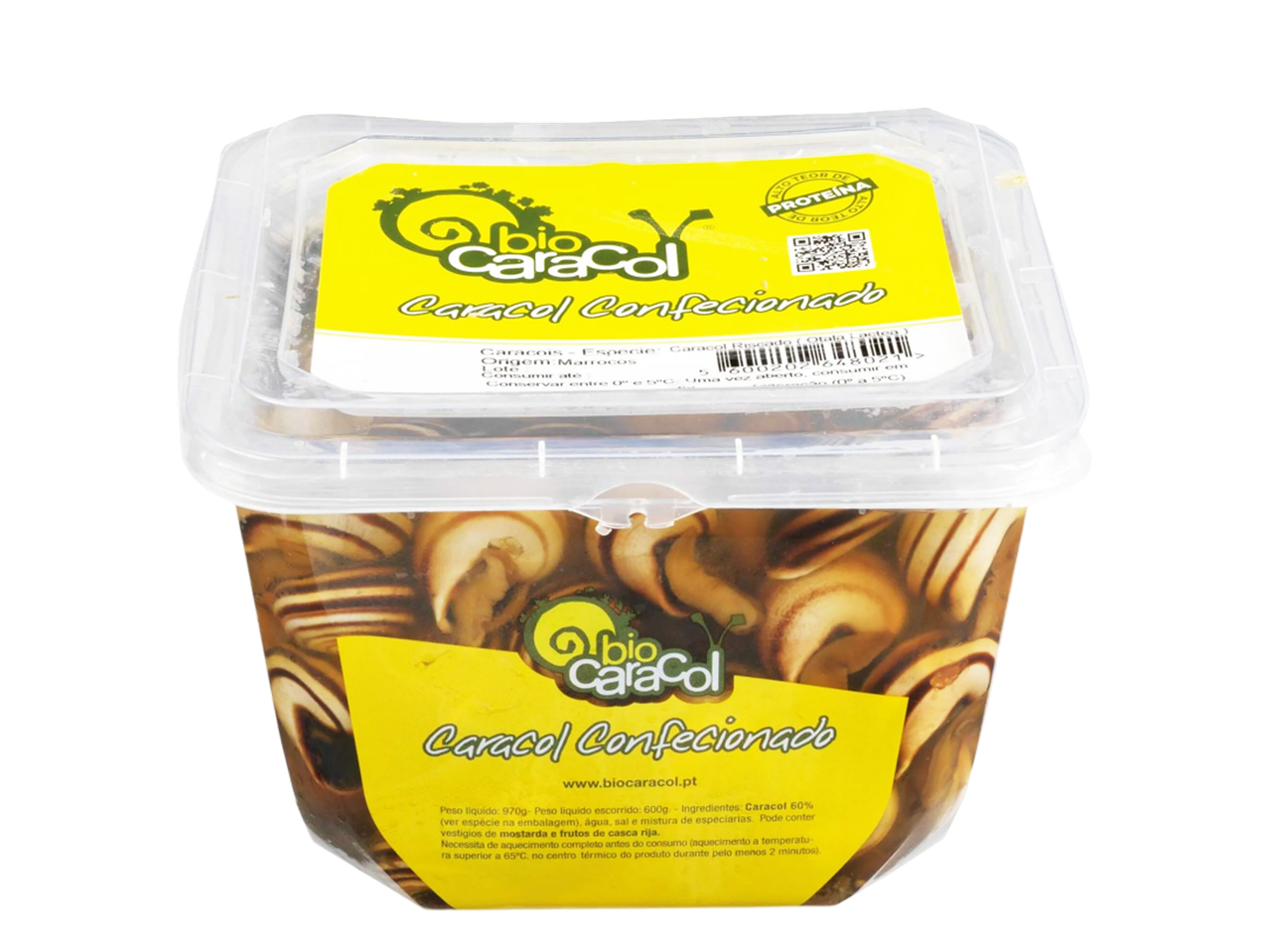 Embalagem de caracóis confecionados com alto teor de proteína.