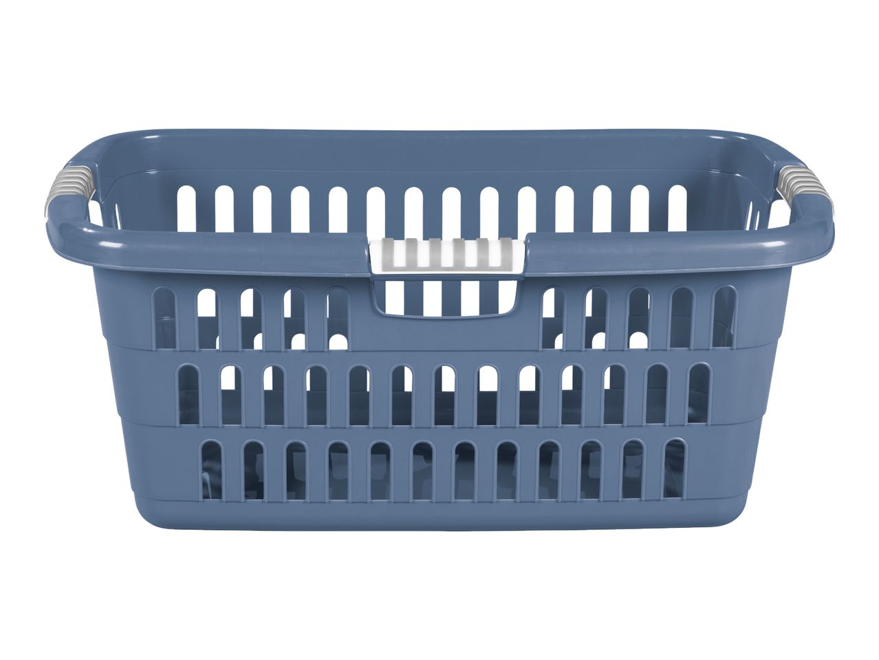 Blue plastic laundry basket with white handles