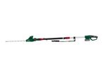 Cordless long-reach hedge trimmer with an adjustable head and shoulder strap.