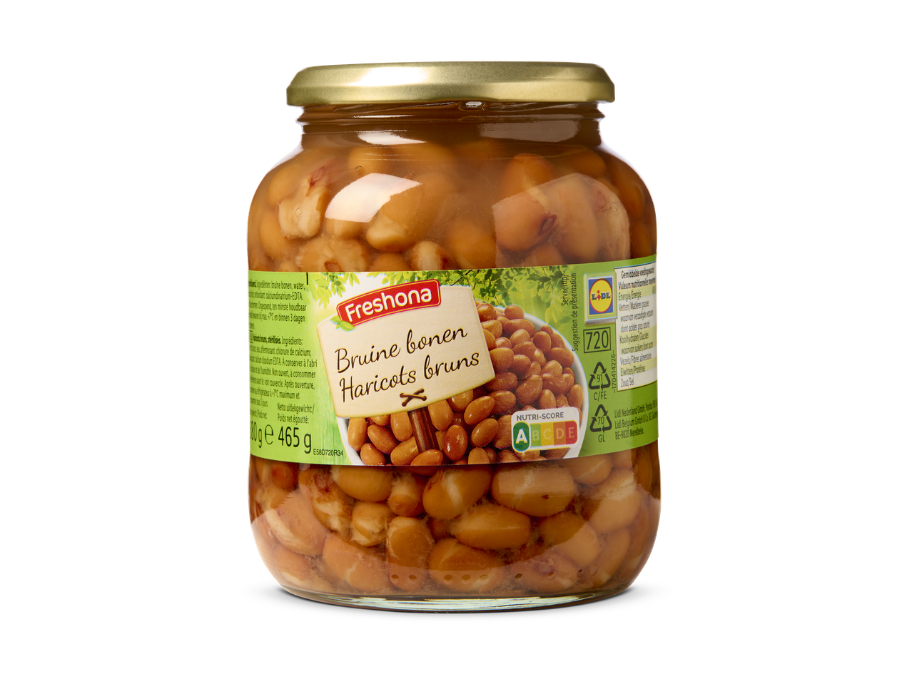 Een glazen pot met bruine bonen, met een Nutri-Score A en een suggestie voor serveren.