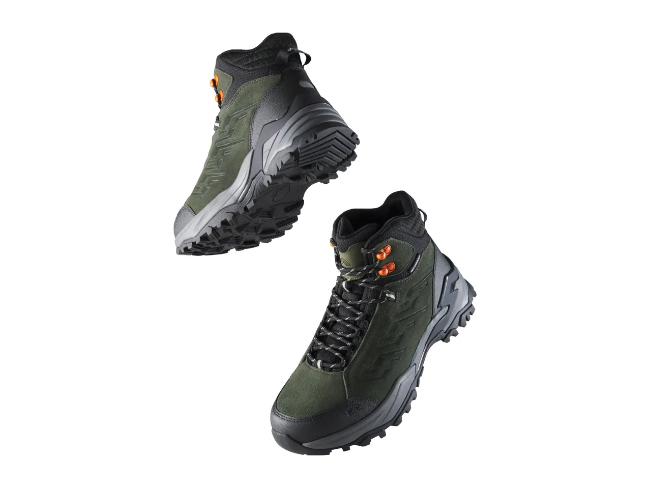 Pair of green and black hiking boots with orange accents