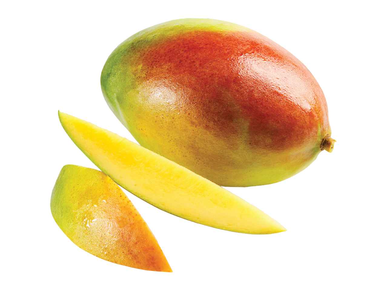 Ceo mango i dva isečena komada manga na crnoj pozadini.