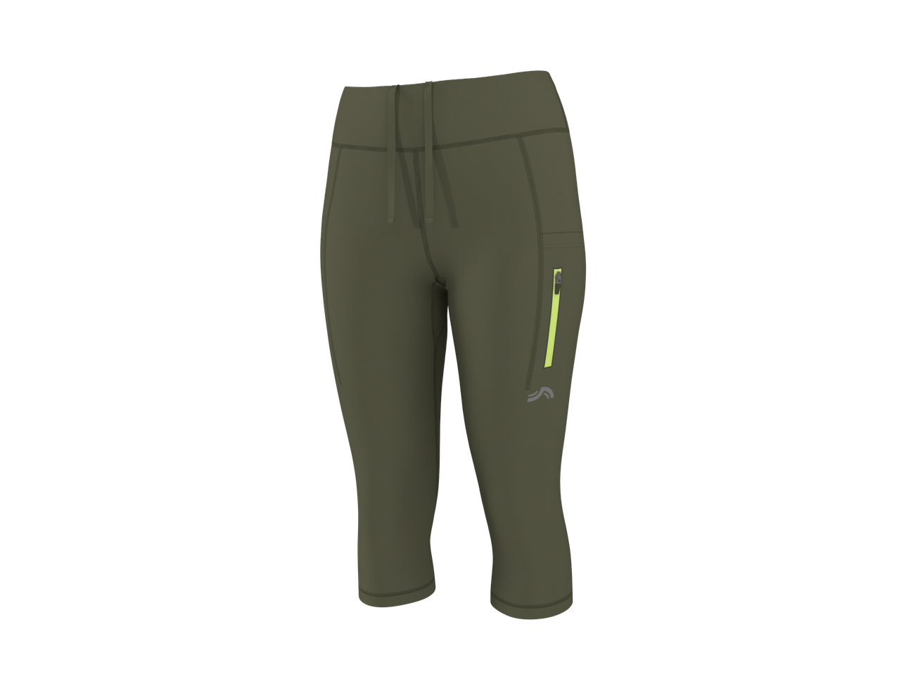 Khaki green women's capri leggings with a drawstring waist and a zippered side pocket.