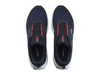 Pair of dark blue athletic shoes with orange laces, viewed from above.