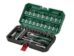 Socket wrench set with ratchet and swivel head in a green case.