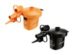 To elektriske pumper i orange og sort med forskellige dyser og en tænd/sluk-knap.