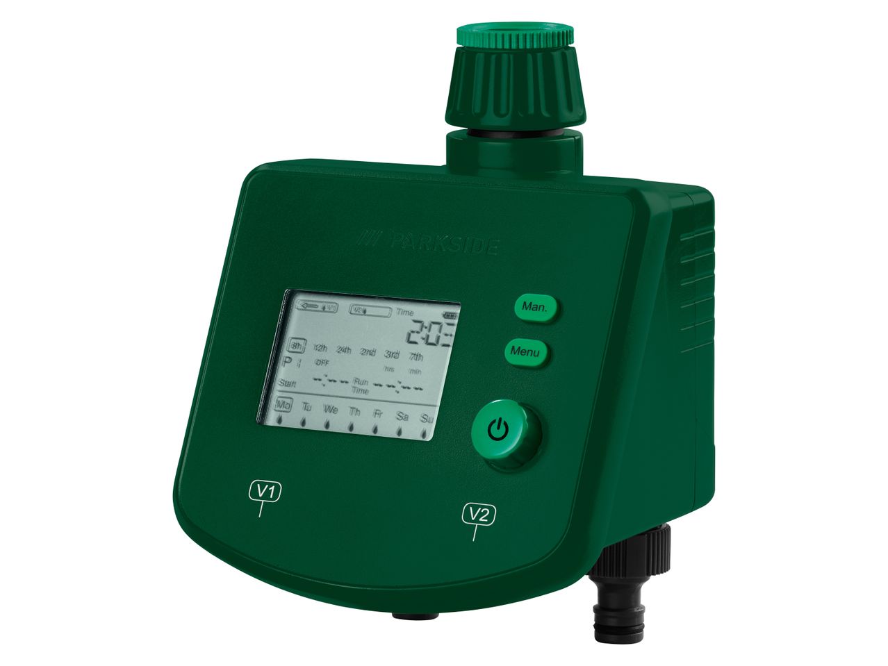 A green digital irrigation timer with water connectors.