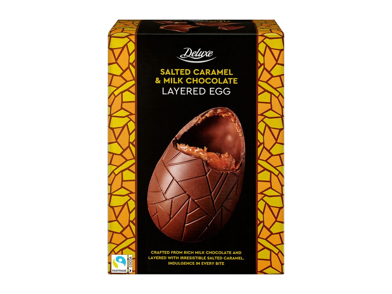 Salted caramel and milk chocolate layered egg in a decorative box with a Fairtrade cocoa logo.