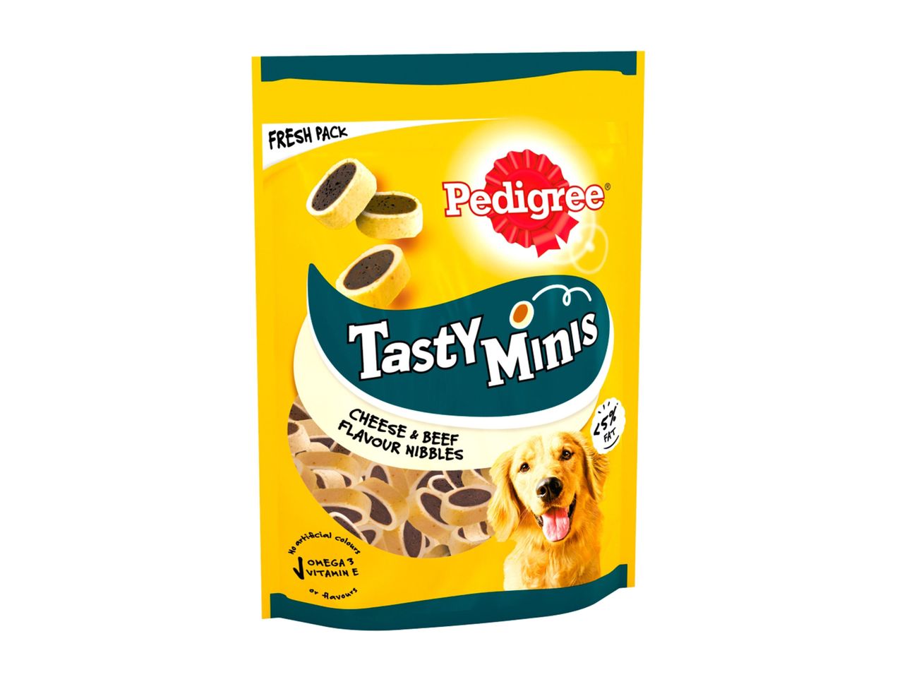 Pedigree Tasty Minis dog treats, cheese & beef flavour.