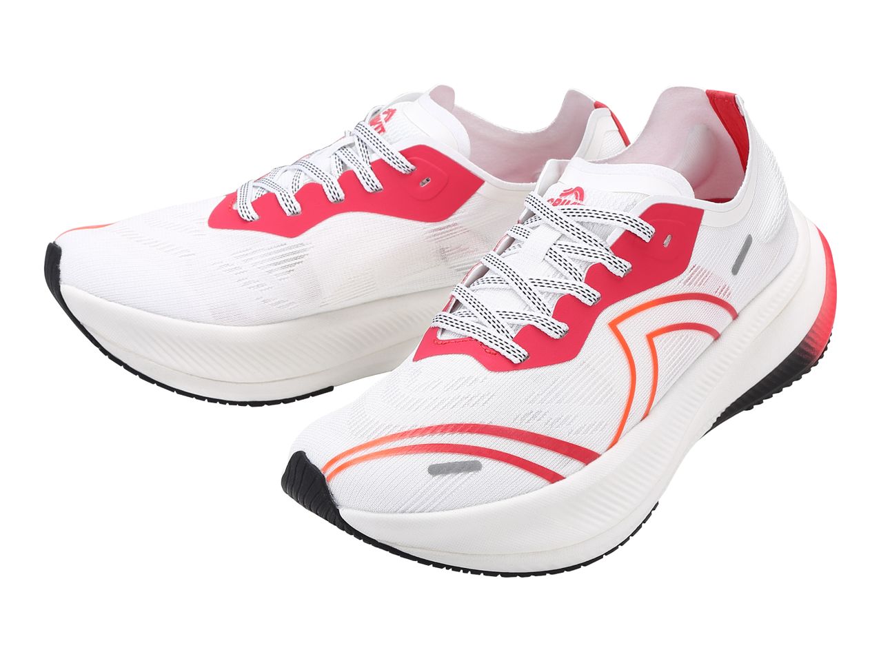 Pair of white running shoes with red and orange accents and black outsoles.