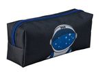 Black pencil case with a blue zipper and an astronaut helmet design featuring stars.