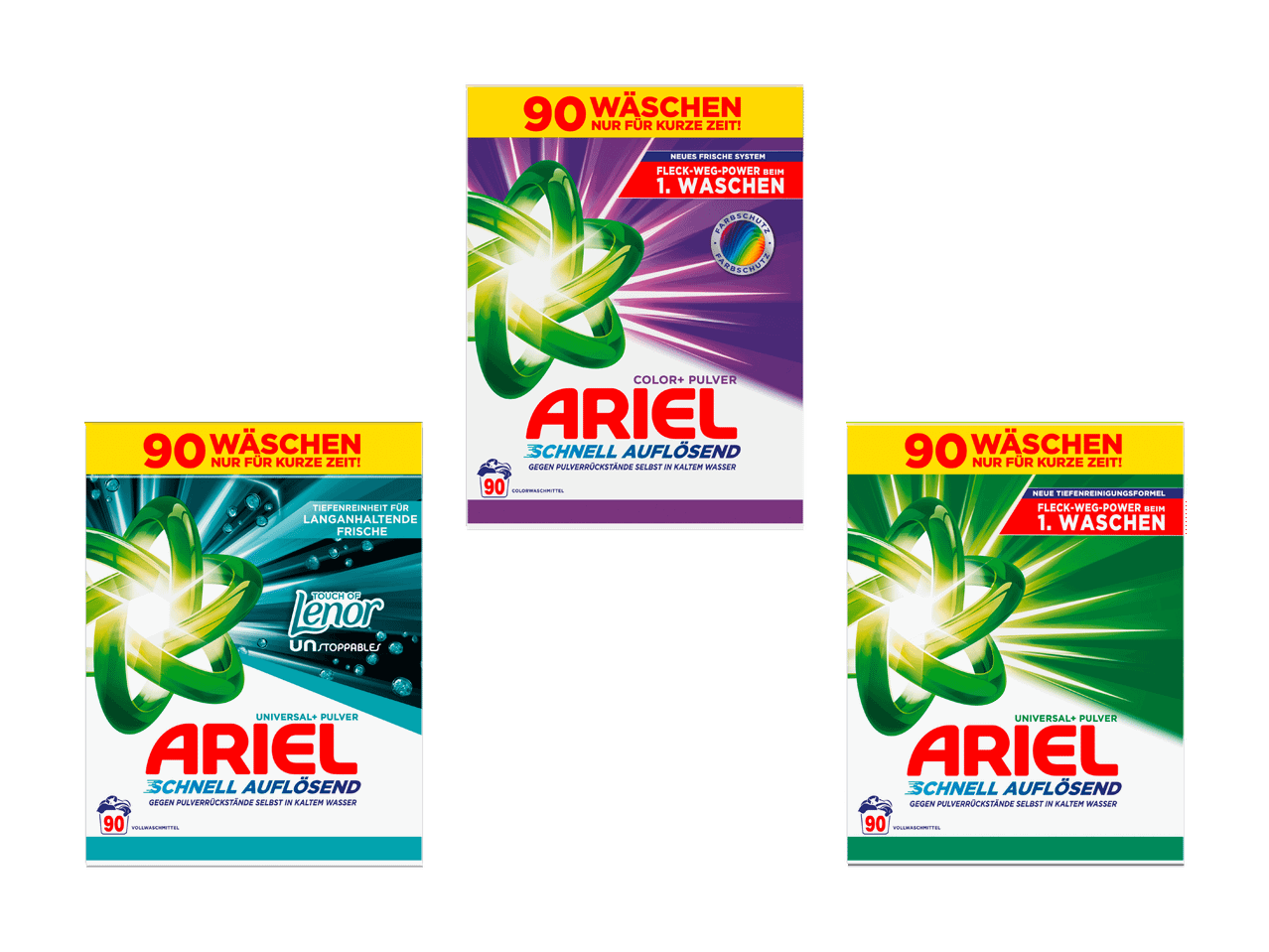 Drei Packungen Ariel Waschmittel, zwei Universal- und eine Color-Variante.