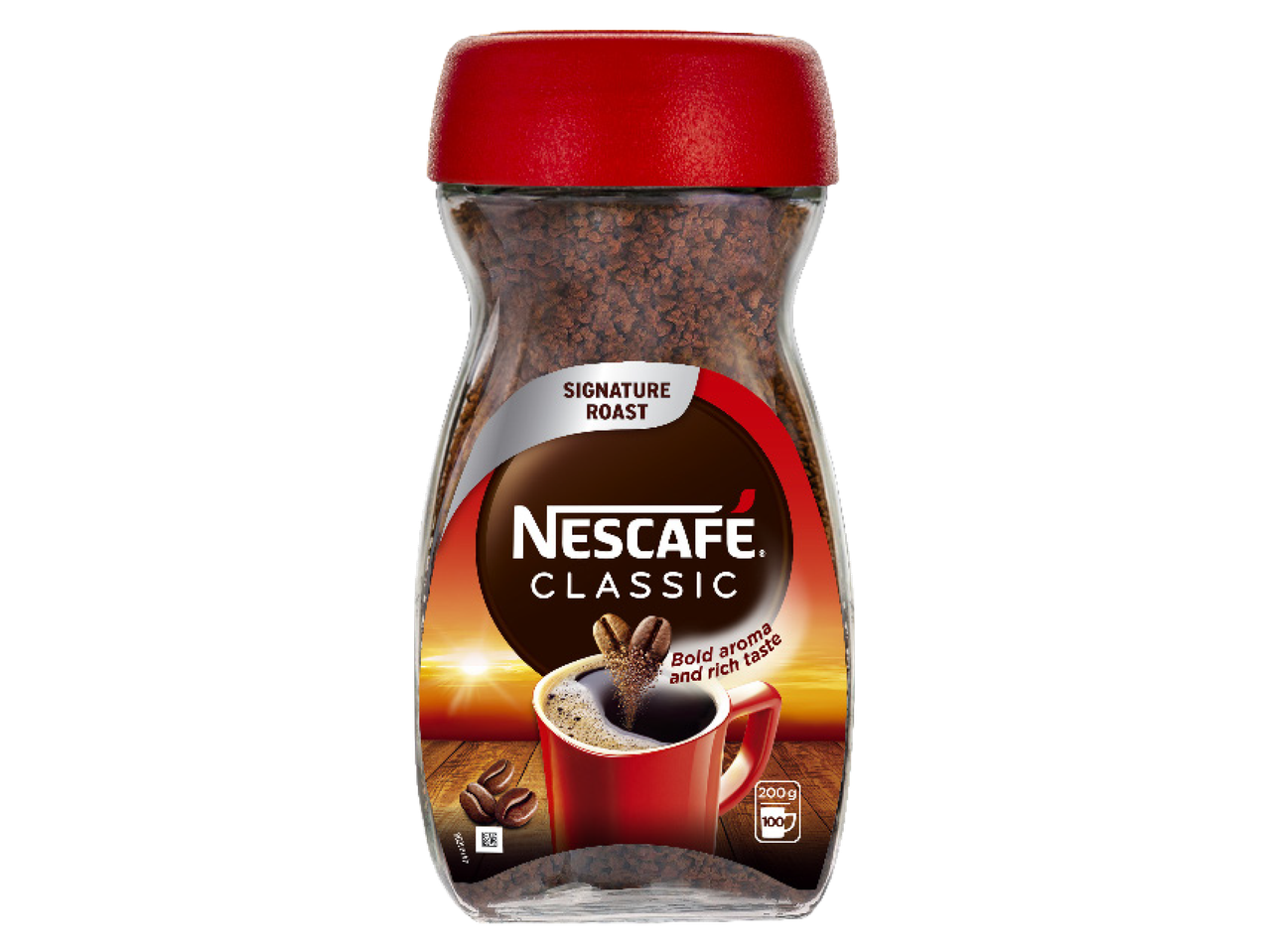 Nescafe Classic kafijas burka ar sarkanu vāku, uz etiķetes redzama kafijas krūze un pupiņas.