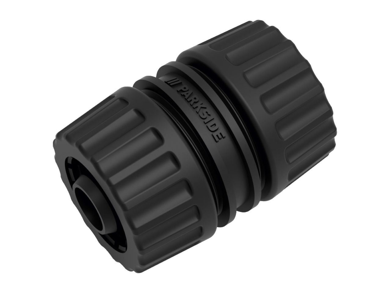 Black hose connector with ribbed grips and a central ring, angled on a white background.