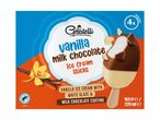 Box of vanilla milk chocolate ice cream sticks with a Rainforest Alliance cocoa seal.