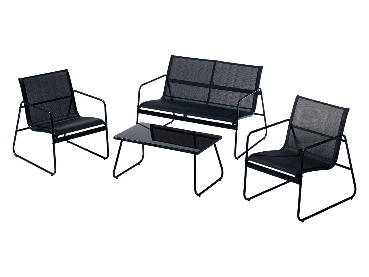 Set vrtnog namještaja s dvosjedom, dvije fotelje i stolićem s crnim staklom.