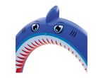Blue inflatable shark pool float with cartoon eyes and red teeth