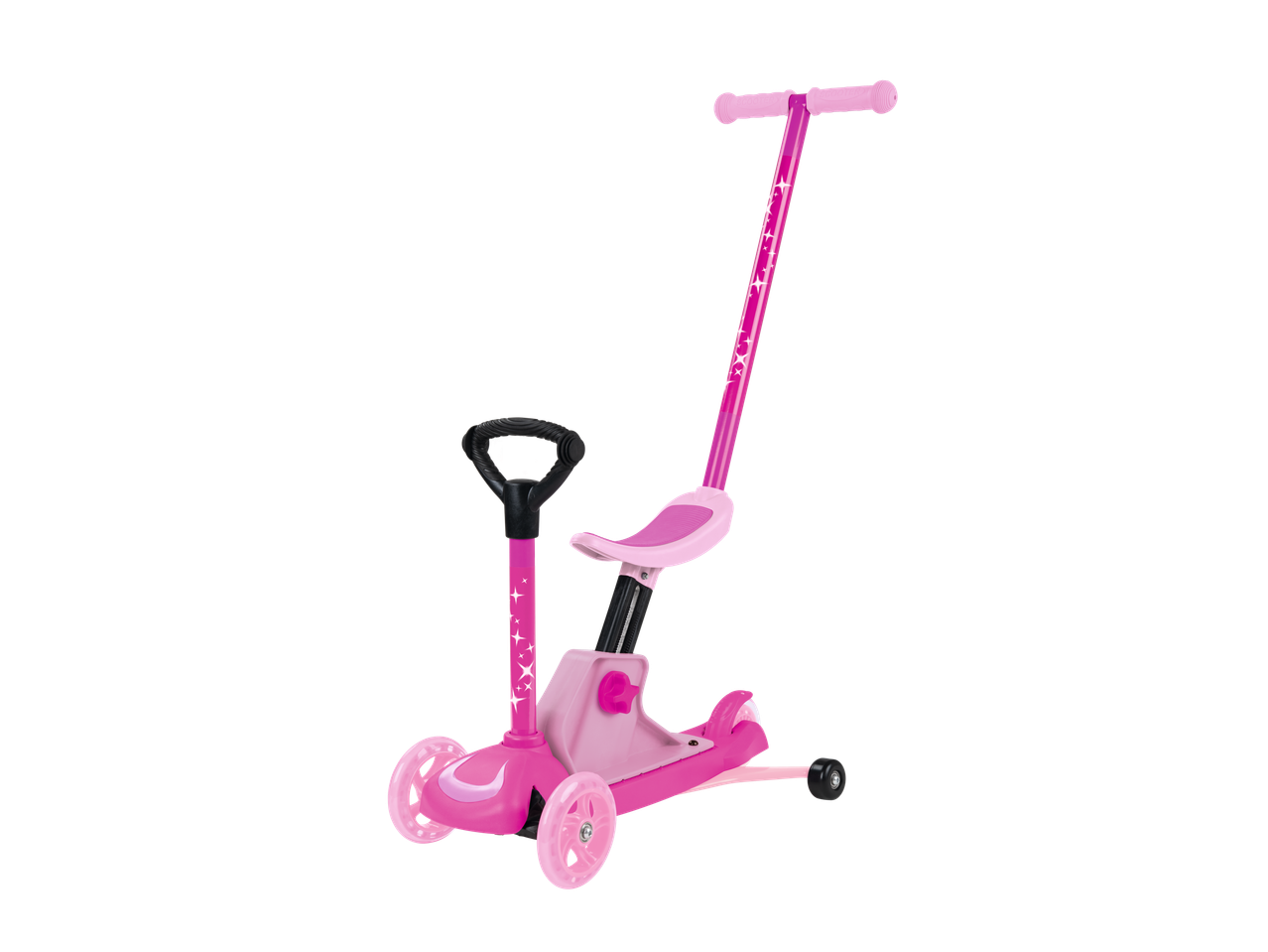 Rozā bērnu skrejritenis ar sēdekli un regulējamu stūri.