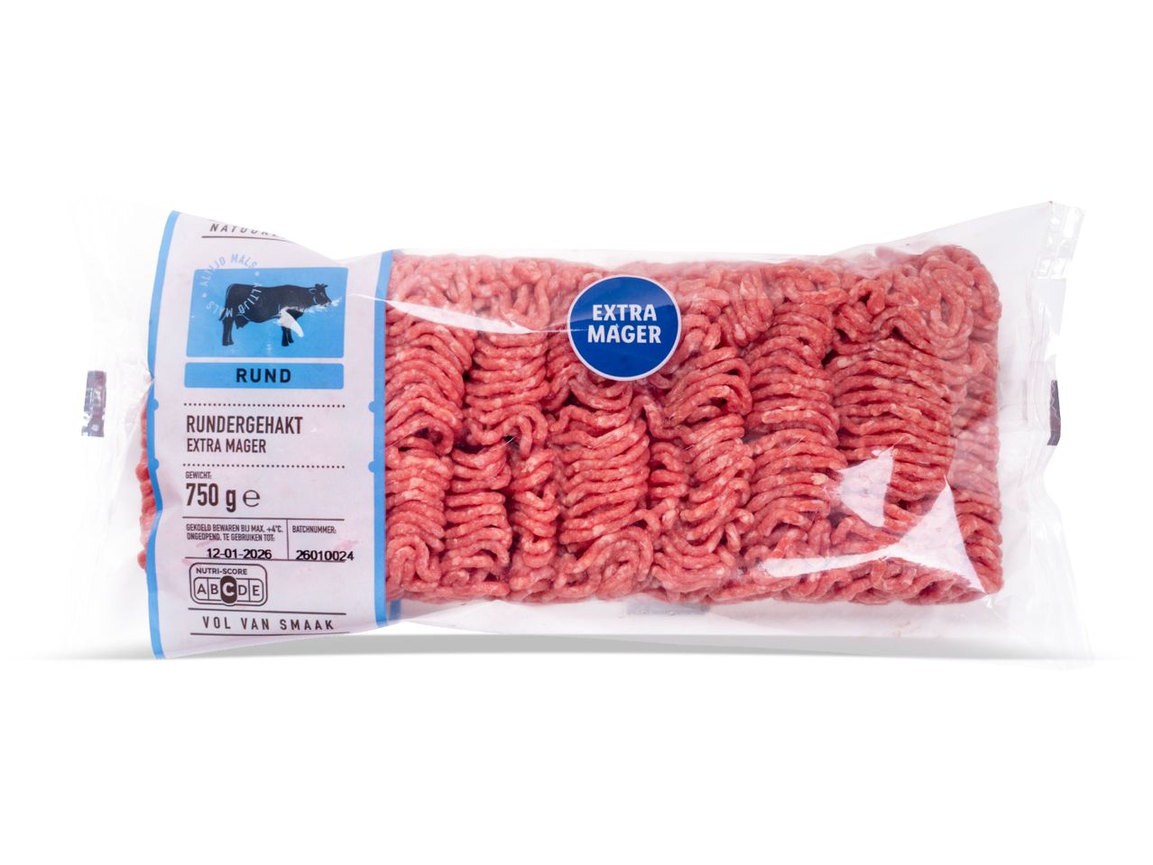 Verpakking rundergehakt extra mager van 750 gram met Nutri-Score C.