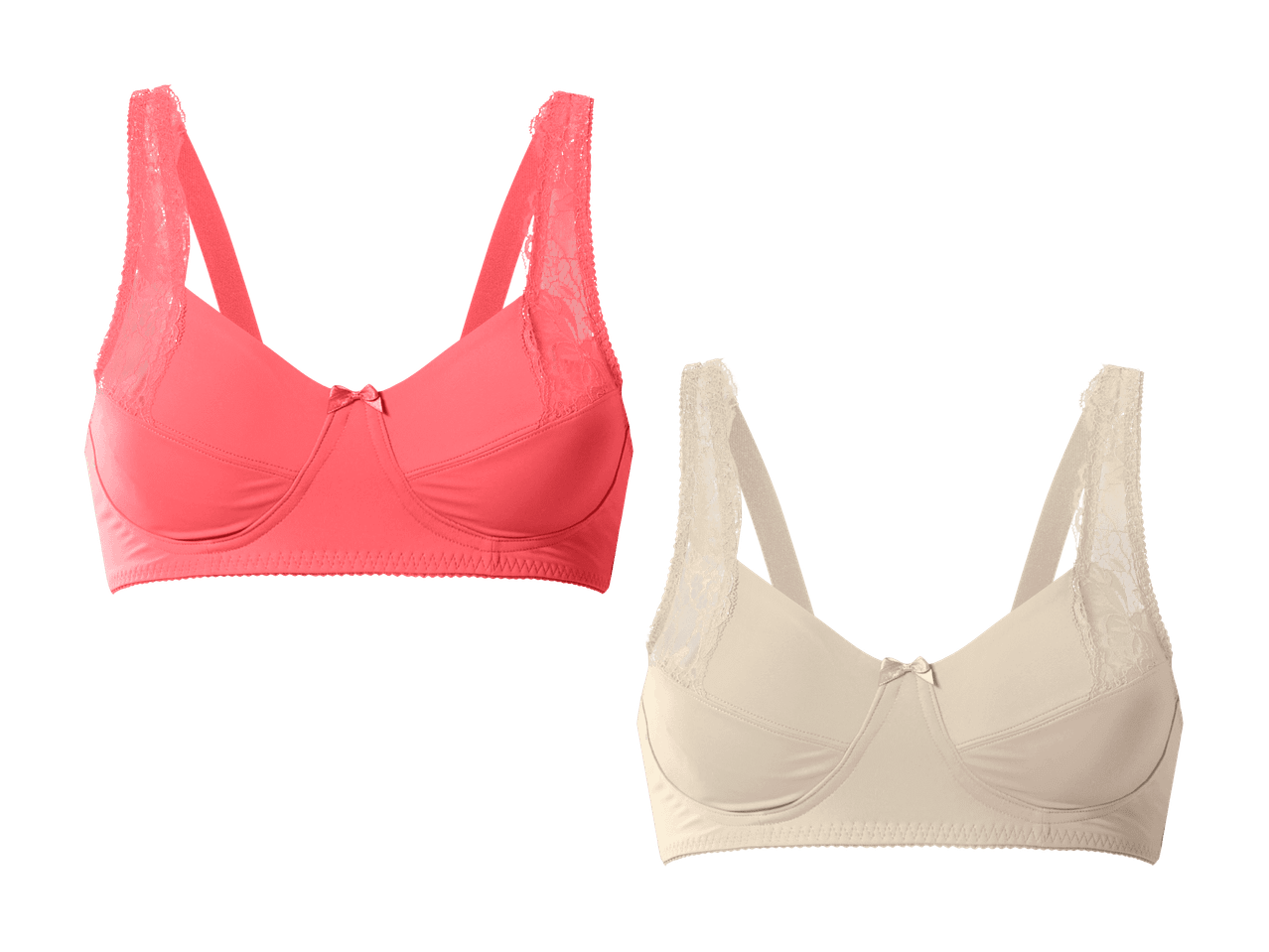 Zwei Spitzen-BHs, einer in Rosa und einer in Beige, auf schwarzem Hintergrund.