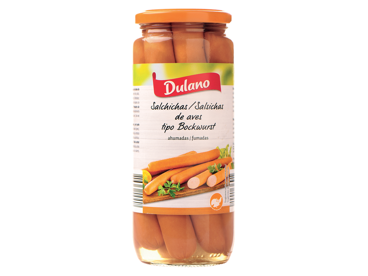 Salsichas de aves tipo Bockwurst Dulano em frasco, fumadas.