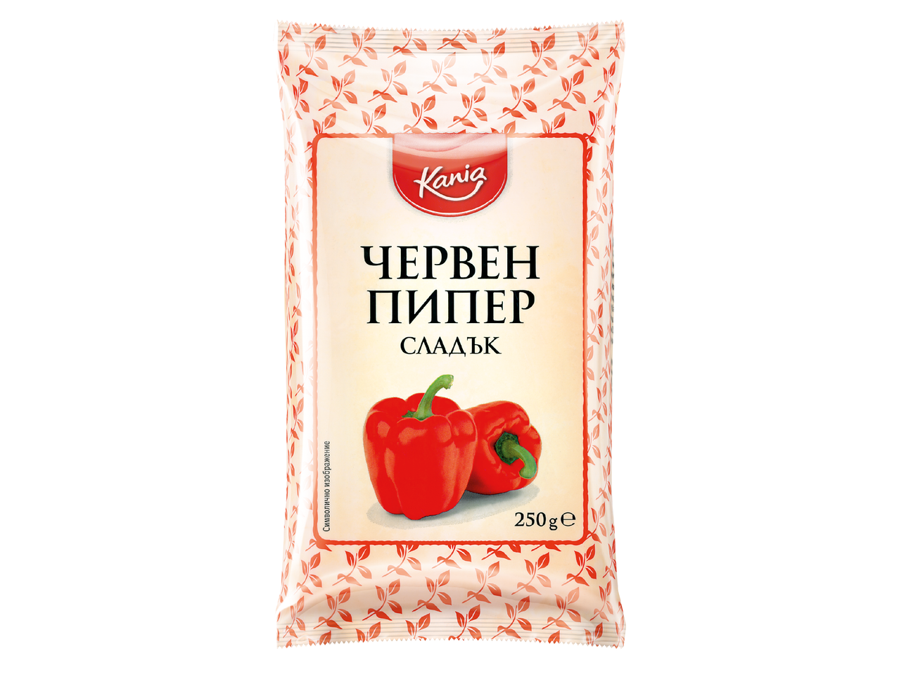 Опаковка червен пипер с надпис „ЧЕРВЕН ПИПЕР СЛАДЪК“ и тегло 250g.