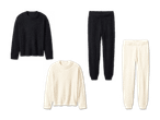 Zwei flauschige Pullover und zwei Jogginghosen in Schwarz und Creme.