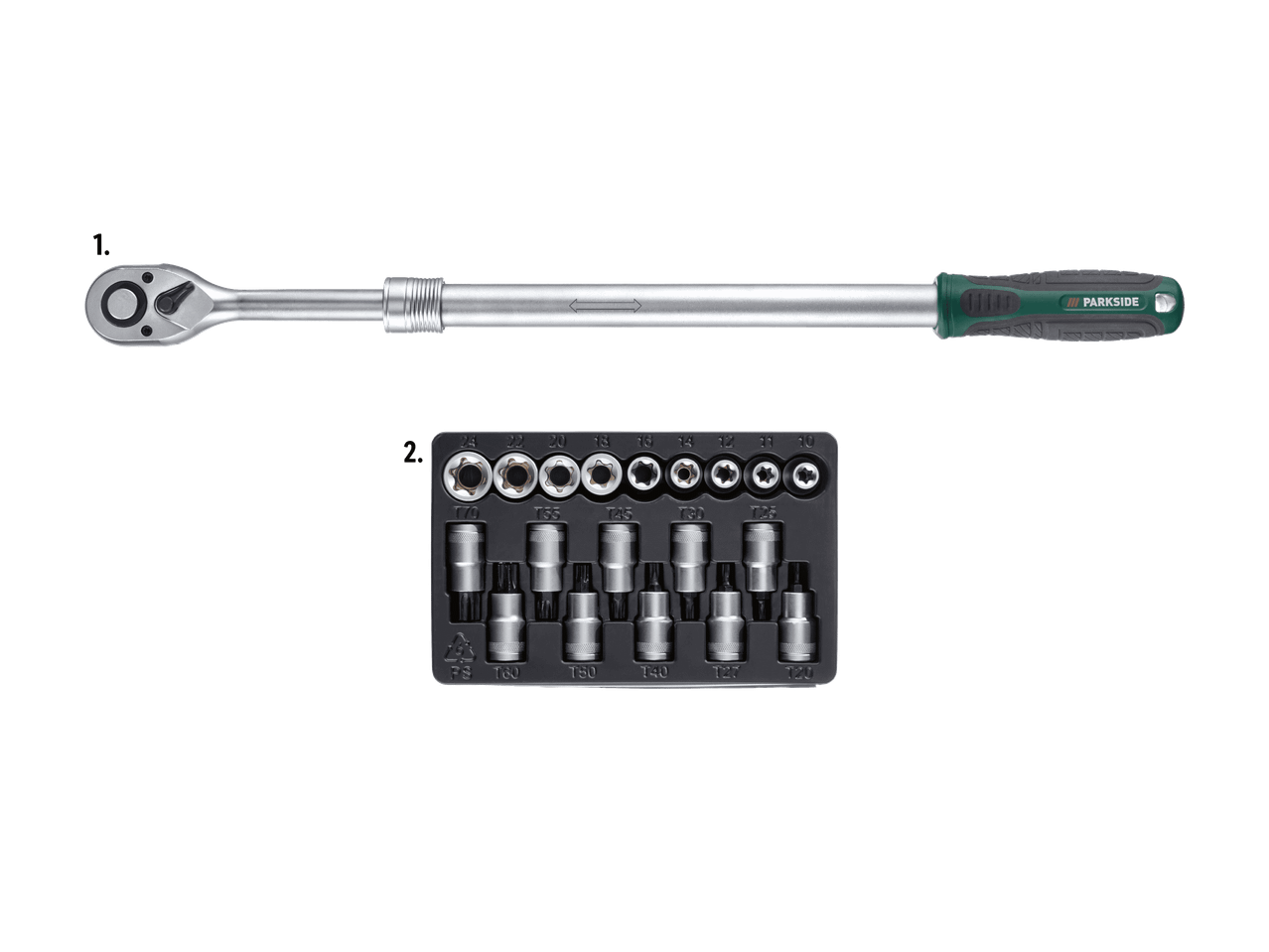 Teleskop-Umschaltknarre mit einem Set aus Torx- und E-Profil-Steckschlüsseln.