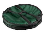 Foldable green and black garden waste bag with handles, collapsed for storage.