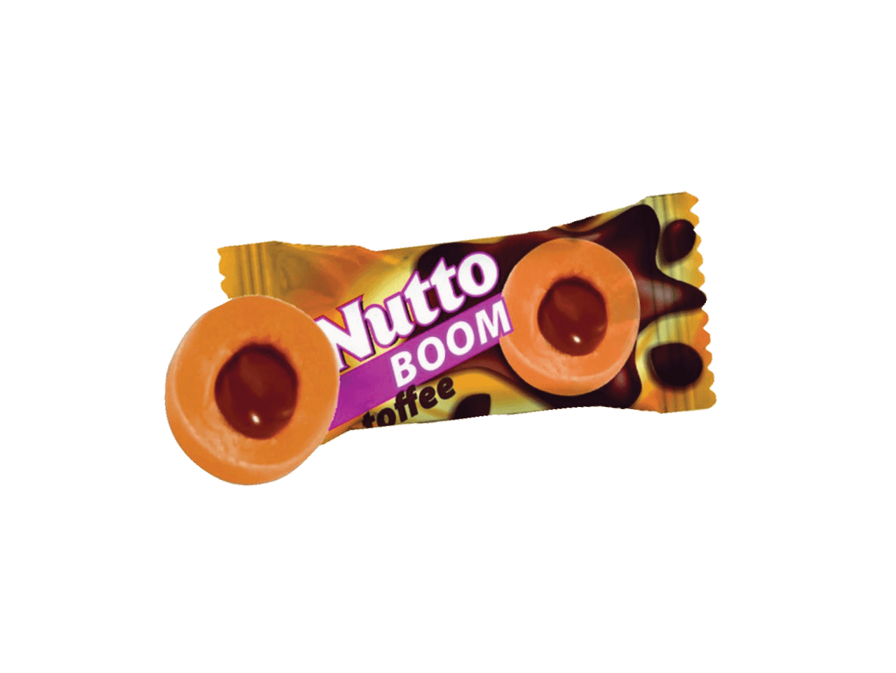 Nutella Boom toffee saldainiai su šokolado įdaru, auksinėje pakuotėje.