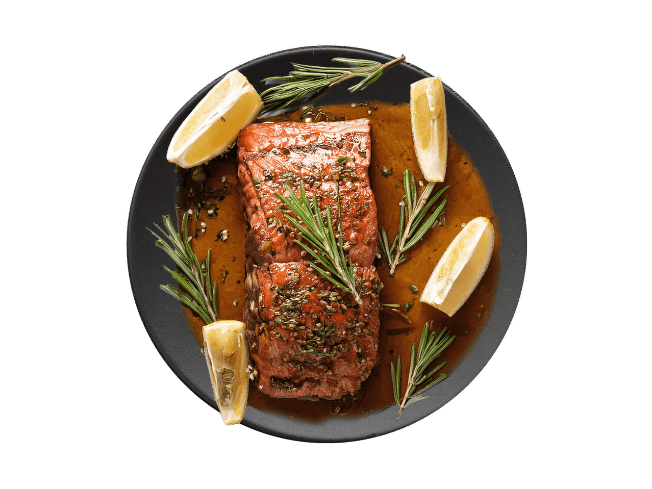 Lachsfilet mit Rosmarin, Zitrone und Soße auf einem schwarzen Teller.