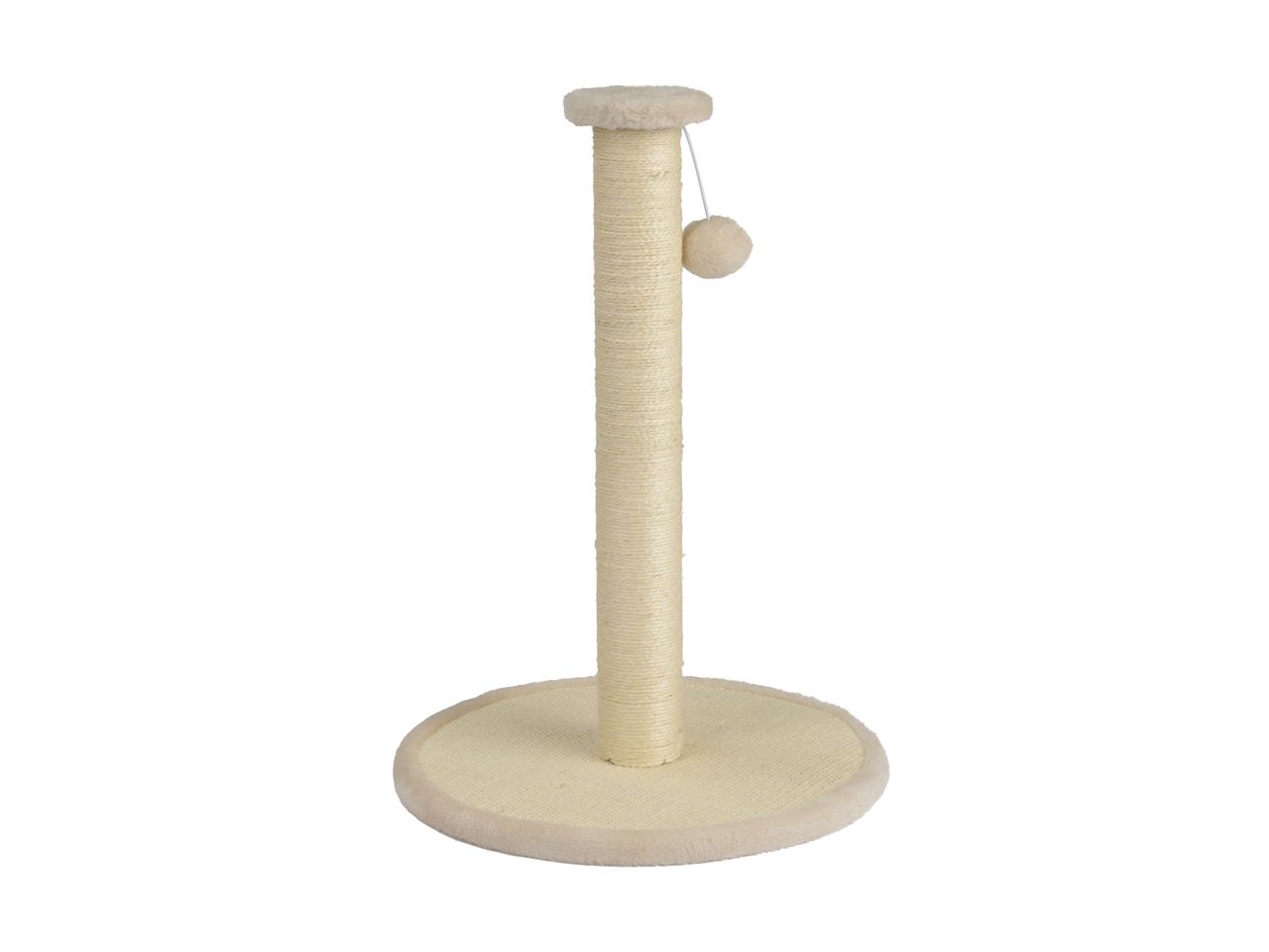 En beige kattekløsestolpe med en lille, fluffy bold.