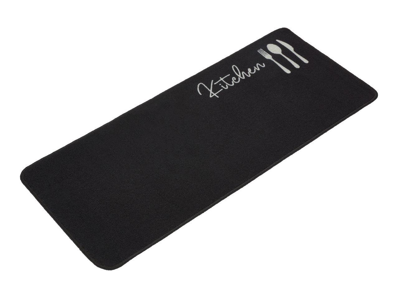 Black rectangular placemat with cutouts for silverware.