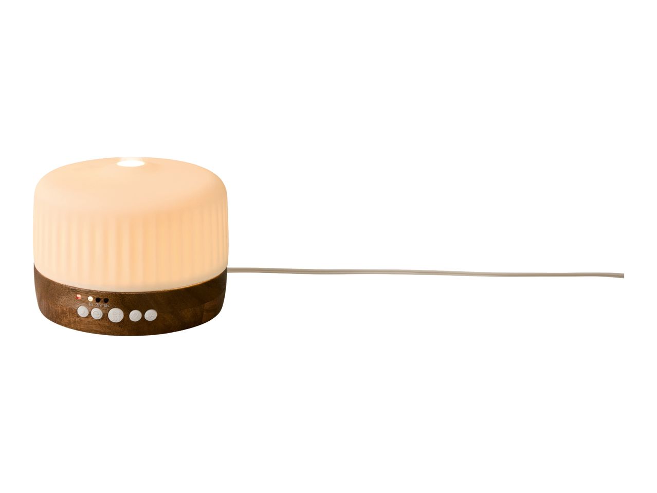 Aroma diffuser with a wooden base and warm light