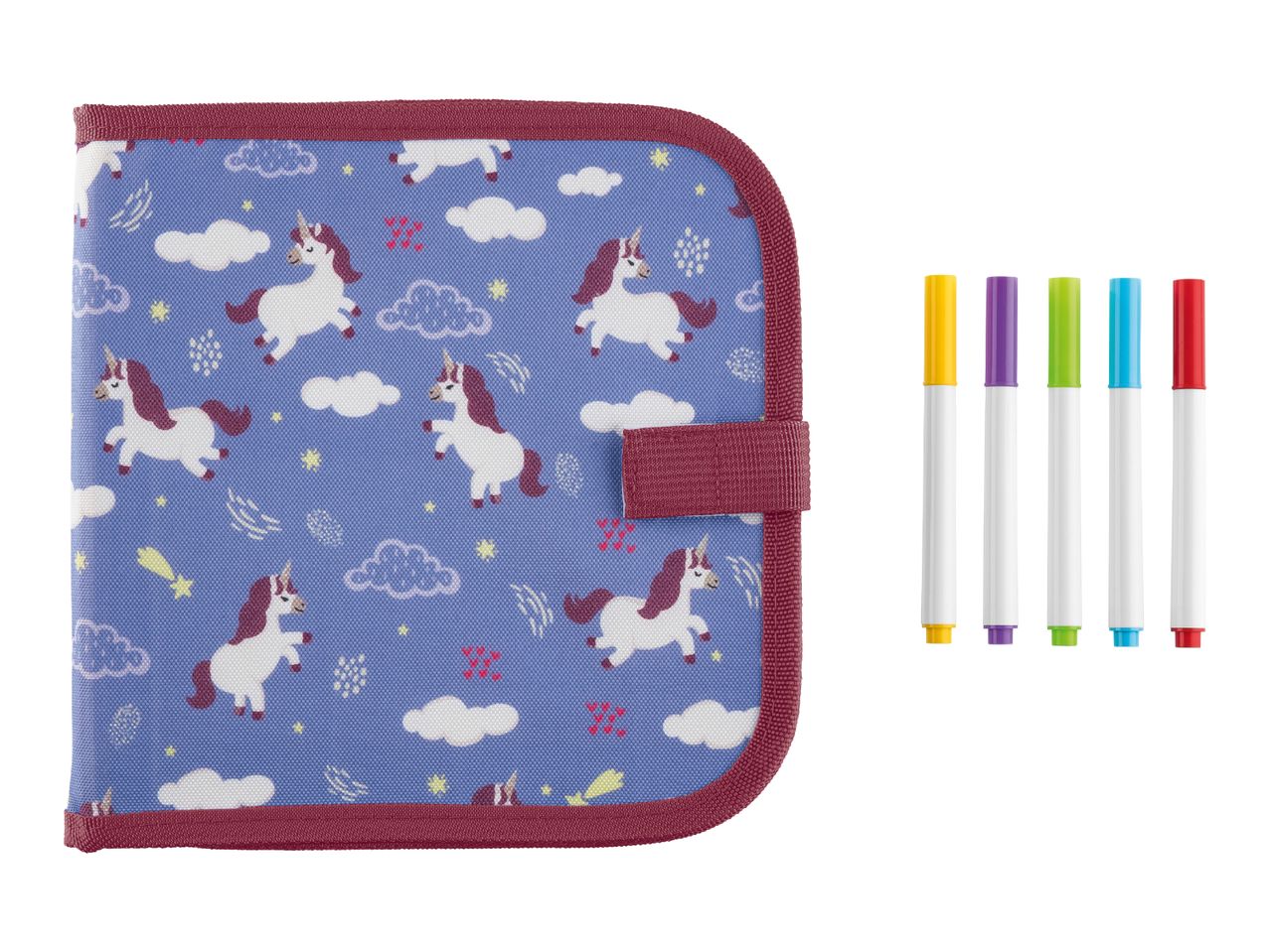 Unicorn-themed drawing book with five colorful markers.