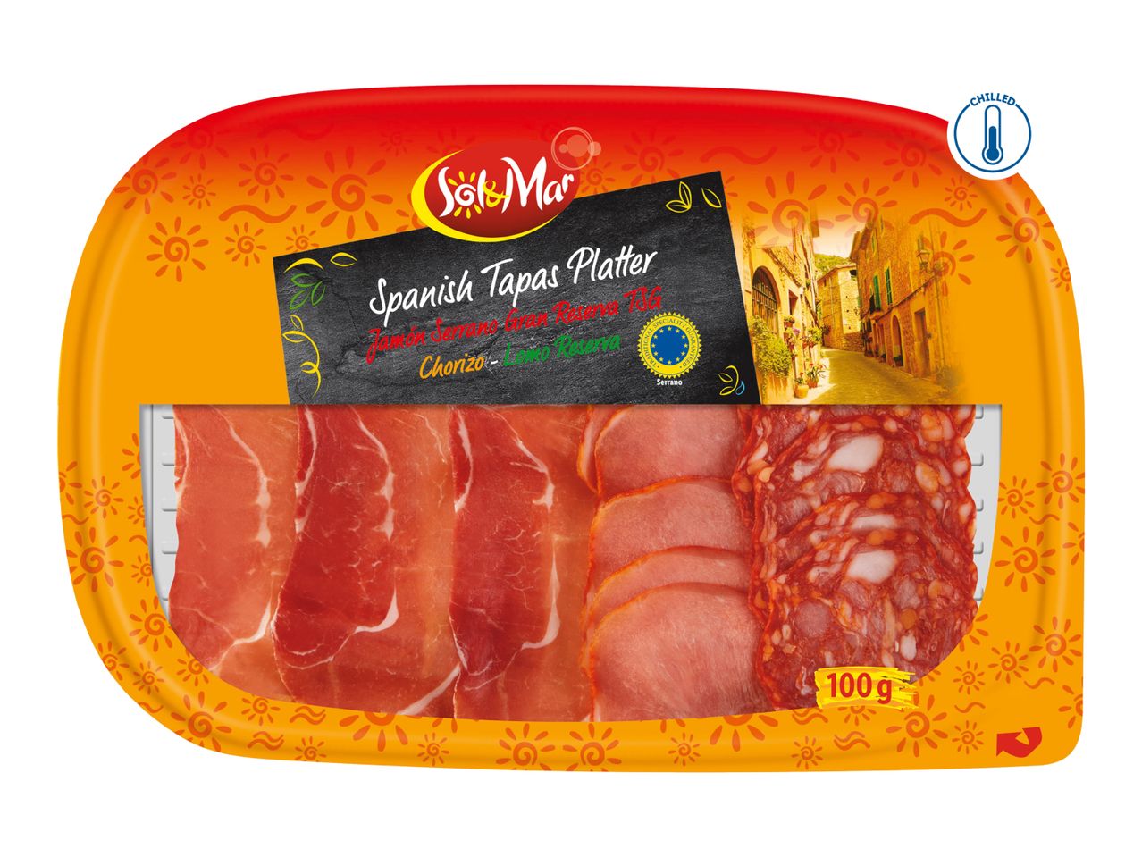 Spanish Tapas Platter with Jamón Serrano, Chorizo, and Lomo Reserva, 100g, chilled.