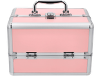 Pink makeup or cosmetic case with silver trim, handle, and latches.