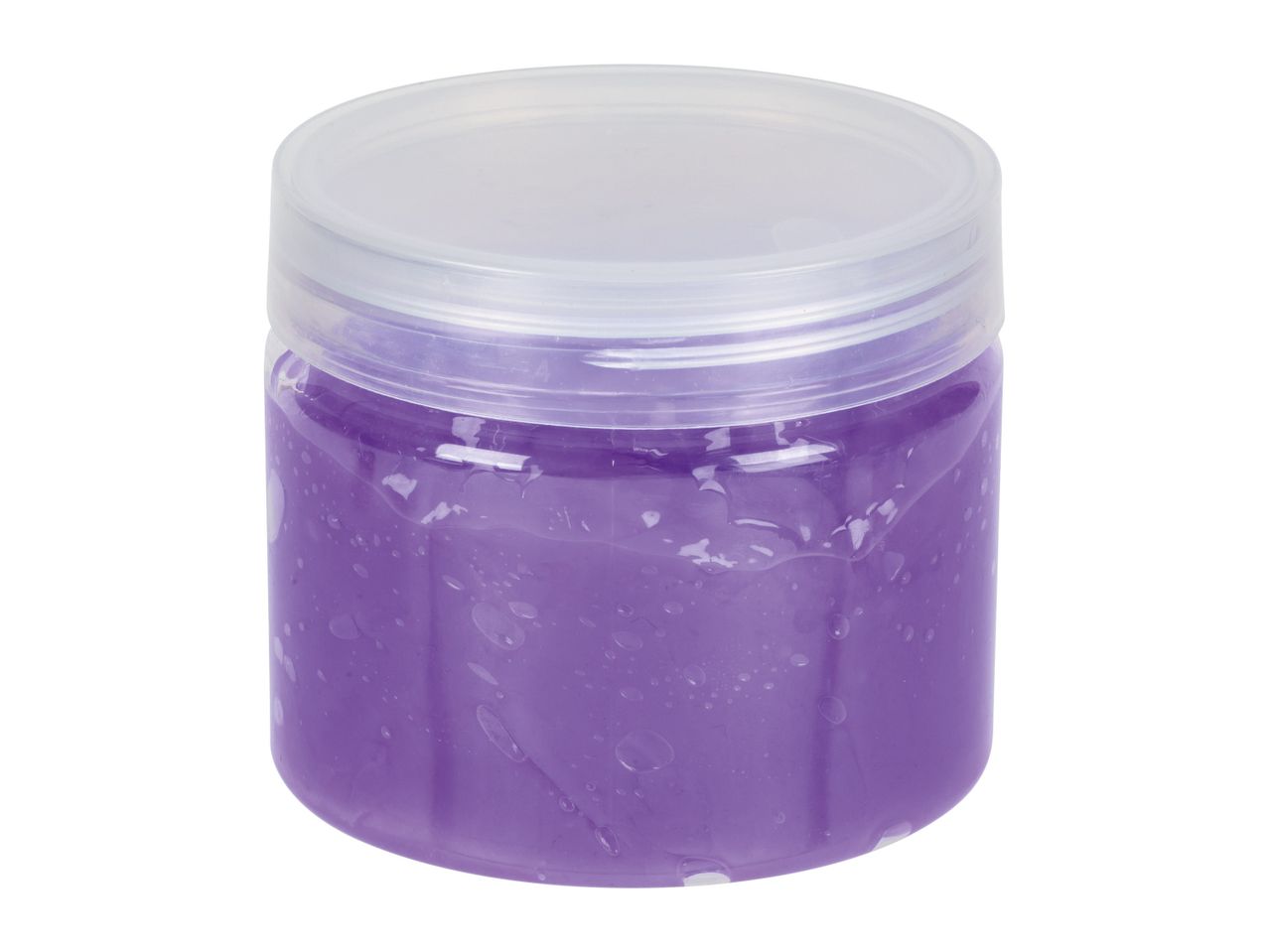 A jar of purple slime with a clear lid.