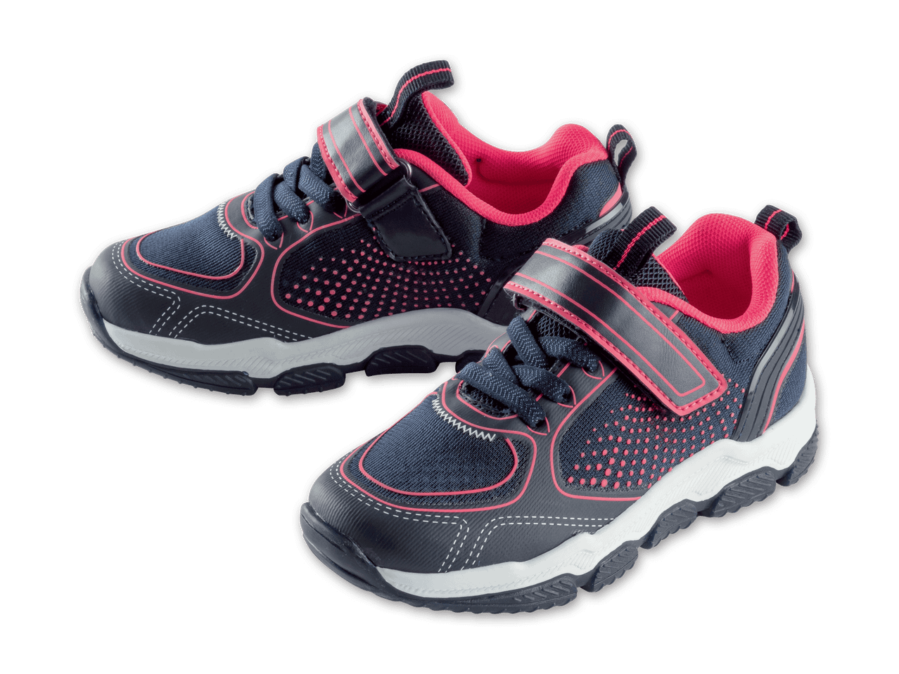 Ein Paar dunkelblaue und pinkfarbene Kindersportschuhe.