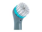 Close-up of a gray and teal electric cleaning brush with white and gray bristles.