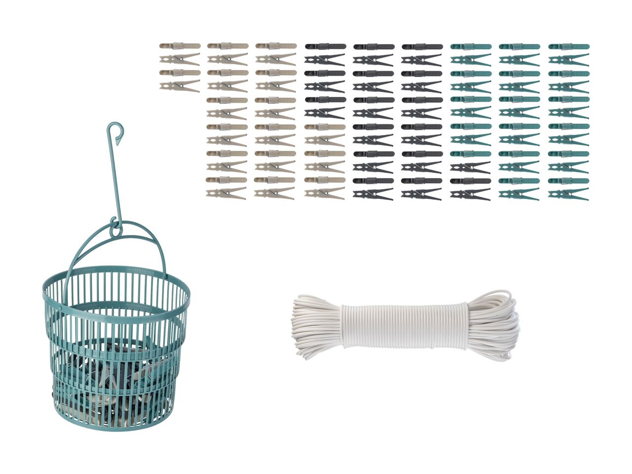 Set mit bunten Wäscheklammern, Korb und Wäscheleine.
