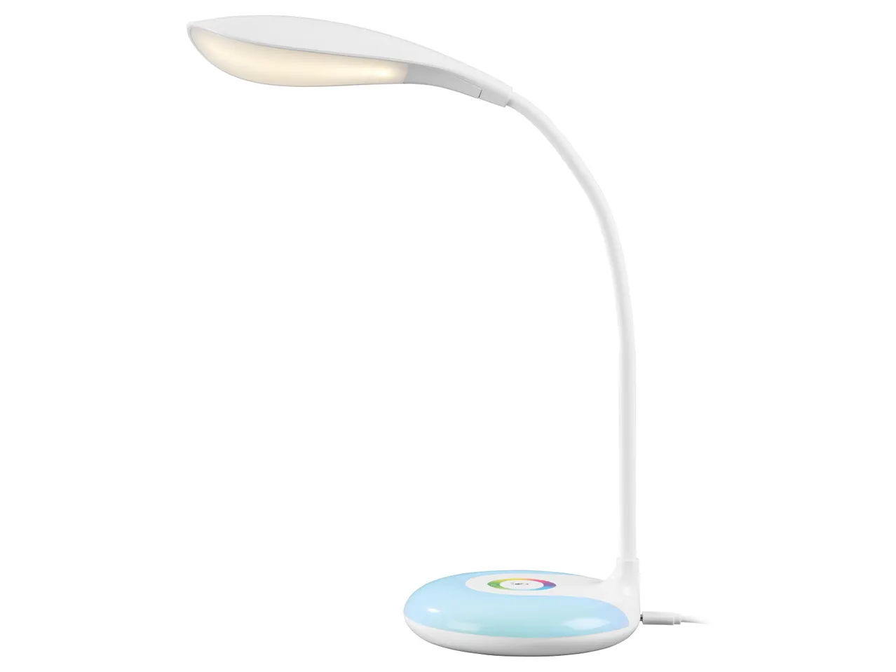 Lampada da tavolo a LED bianca con base illuminata a colori e braccio flessibile.