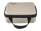 Beige square hard case with a black zipper and handle, featuring a logo on top.