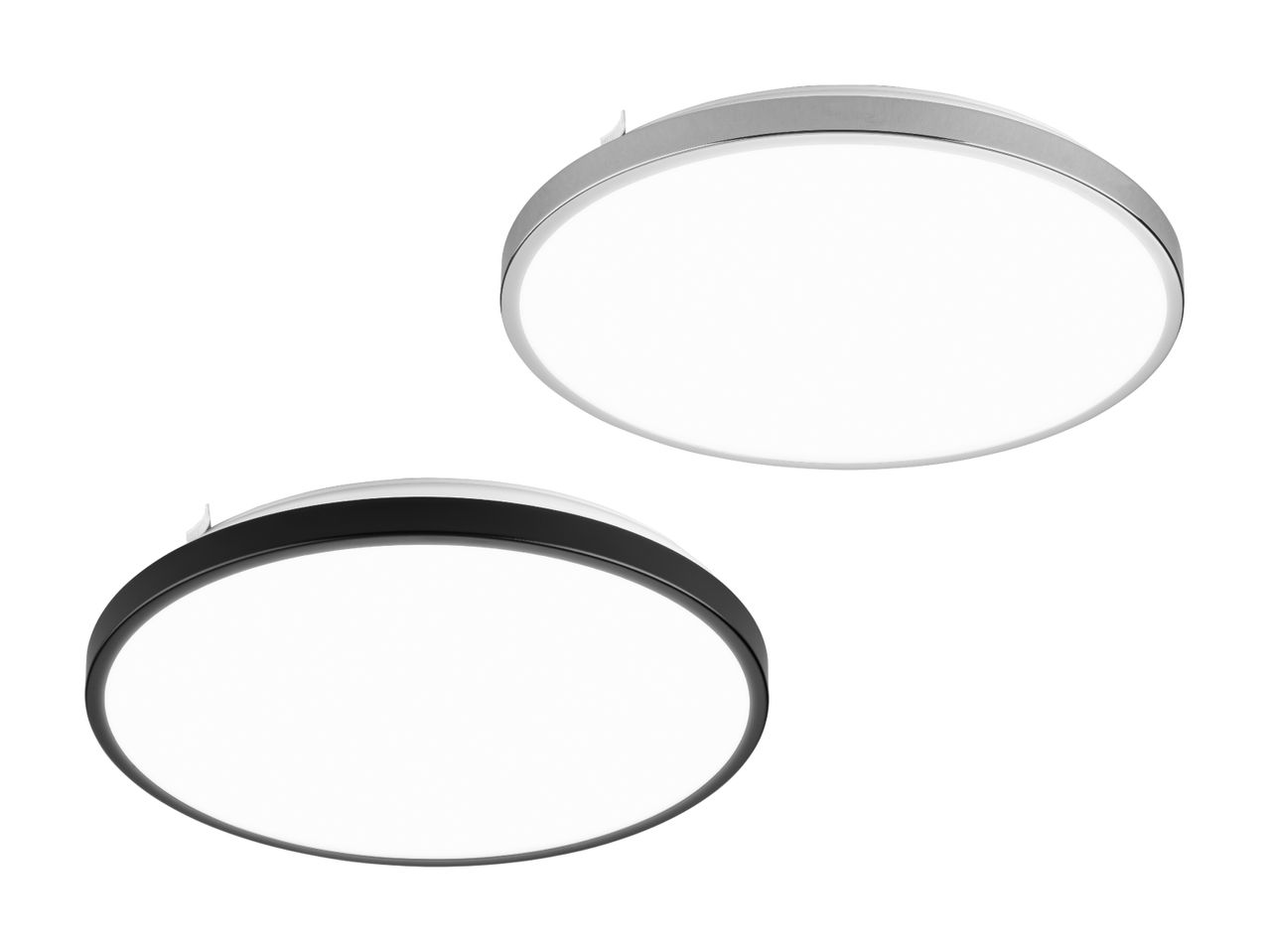 To runde LED loftslamper i henholdsvis sølv og sort.
