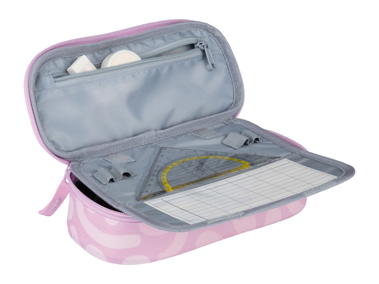 A pink pencil case with a geometric pattern is open, revealing its contents: a ruler, protractor, eraser, and other stationery.