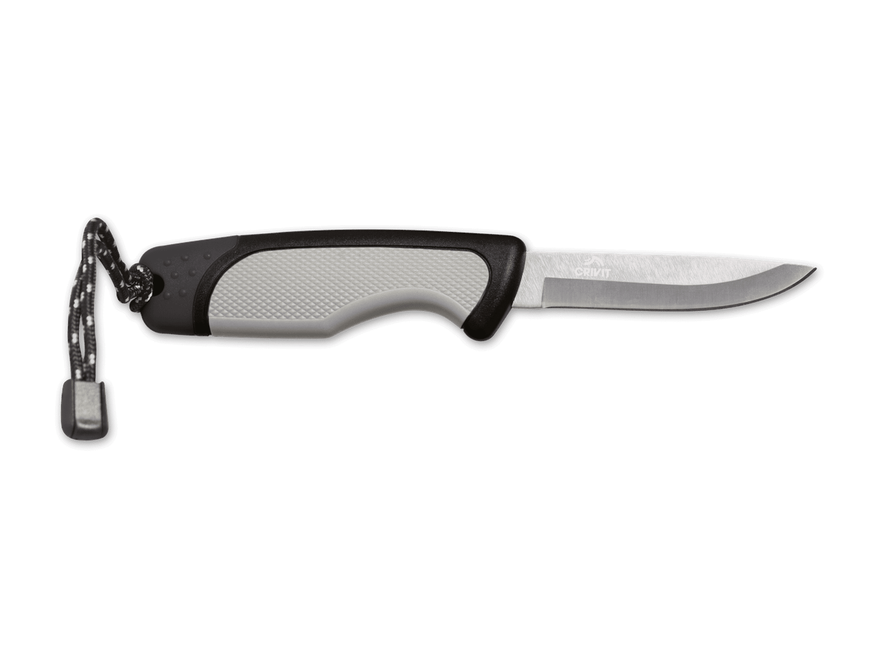 Ein Crivit Outdoor-Messer mit schwarzem Griff und heller Klinge.